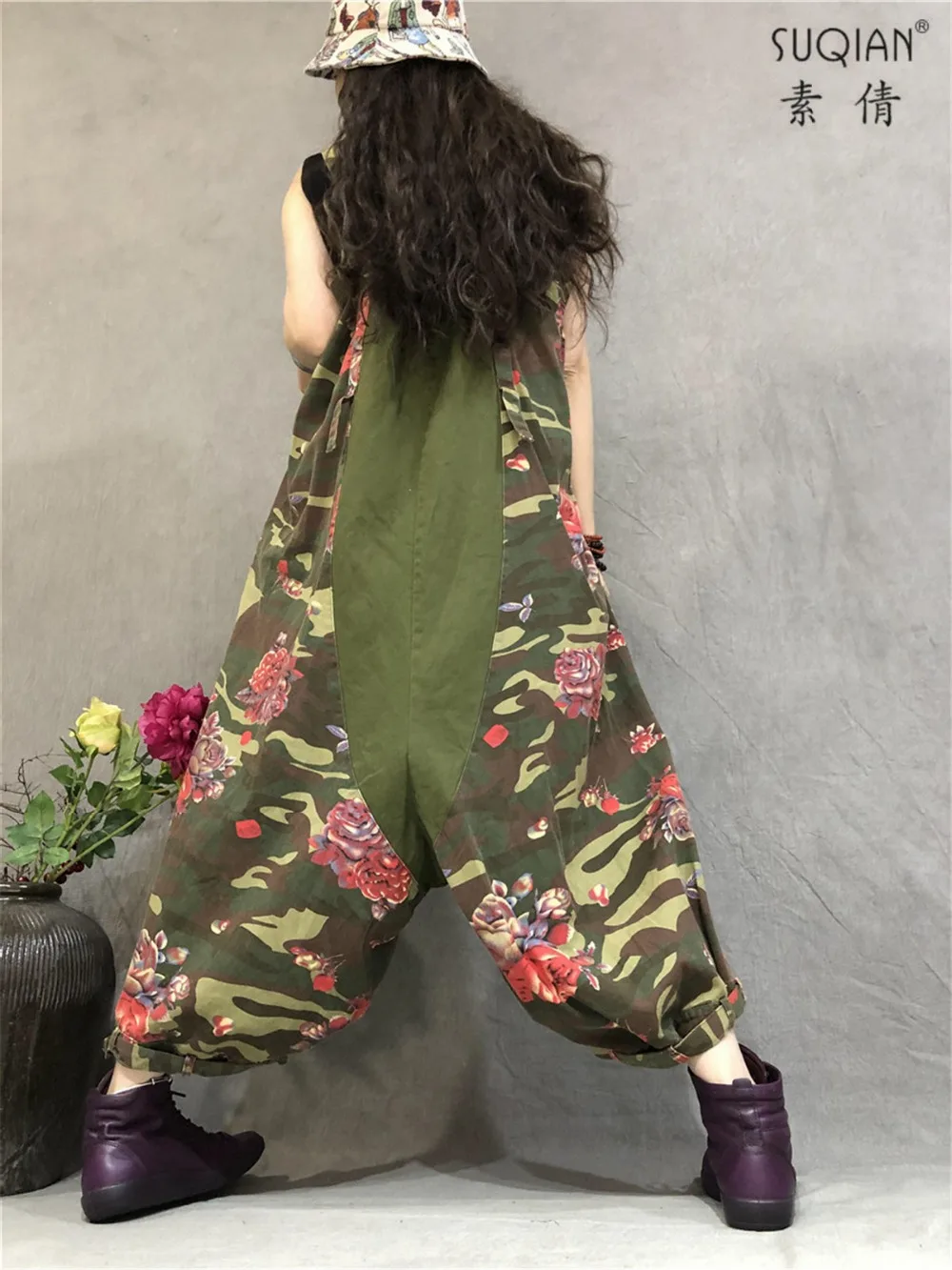 2019 female new spring and summer plus size army green camouflage large edition thin printing fashion loose Jumpsuit