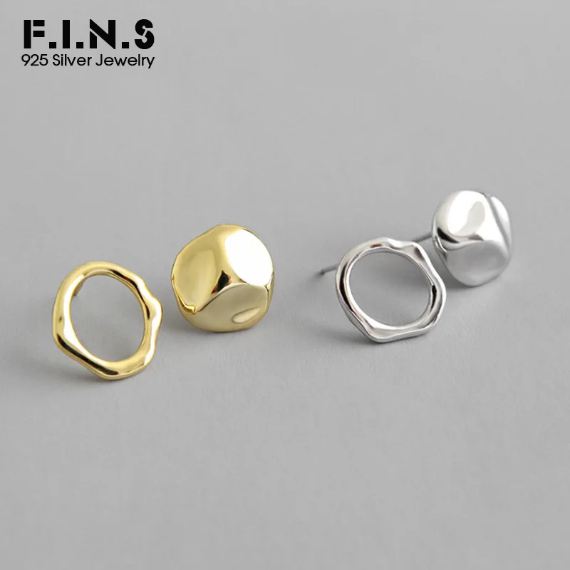 F.I.N.S Personalized 925 Sterling Silver Aymmetrical Earrings Small Circle Round Stud Earrings Geometry Concave Korean Earrings
