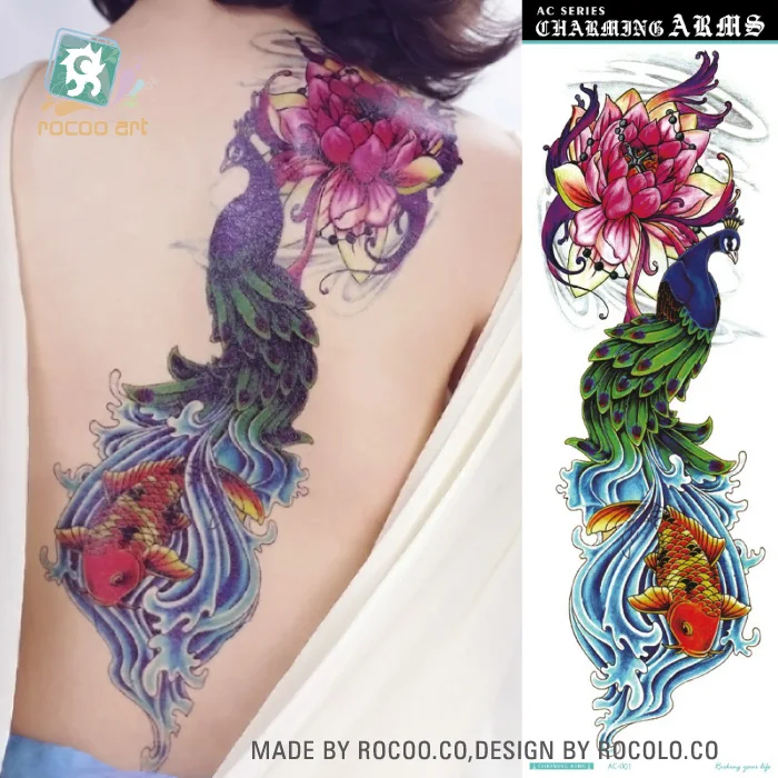 

AC-001/Beauty Super Big Full Arm Back Temporary Body Tattoo stickers For Women Fake Peacock Flower Fish Tattoo Designs