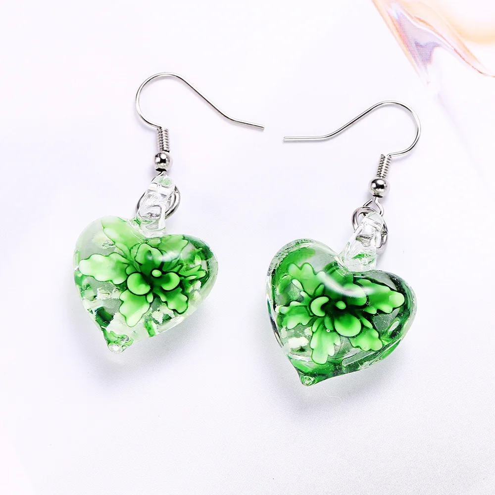 New Murano Glass Heart Flower Pendant Drop Earrings for Women Fluorescence Lampwork Morano Glass Pendant Dangle Earring Jewelry