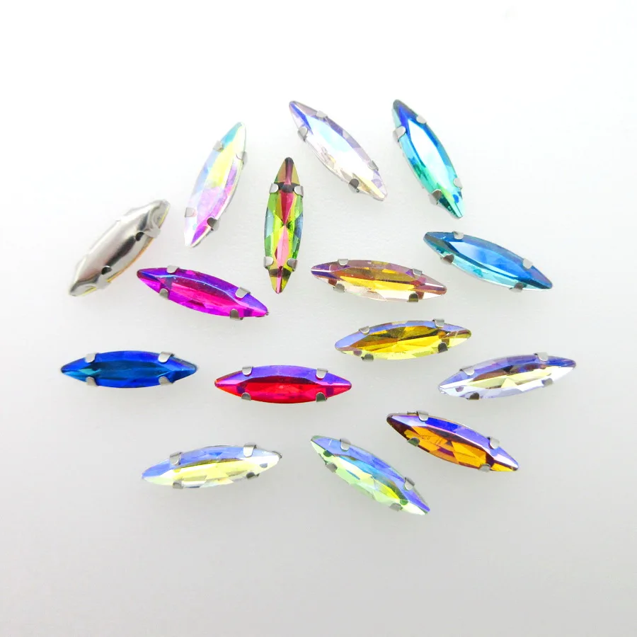 AB Colors Silver claw 4*15mm slim Navette Horse eye shape glass Crystal Sew on rhinestones garments shoes sewing accessories diy