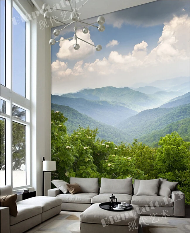 

The custom 3D murals,The blue sky white cloud forest scenery beautiful quiet forest ,living room sofa TV wall bedroom wall paper