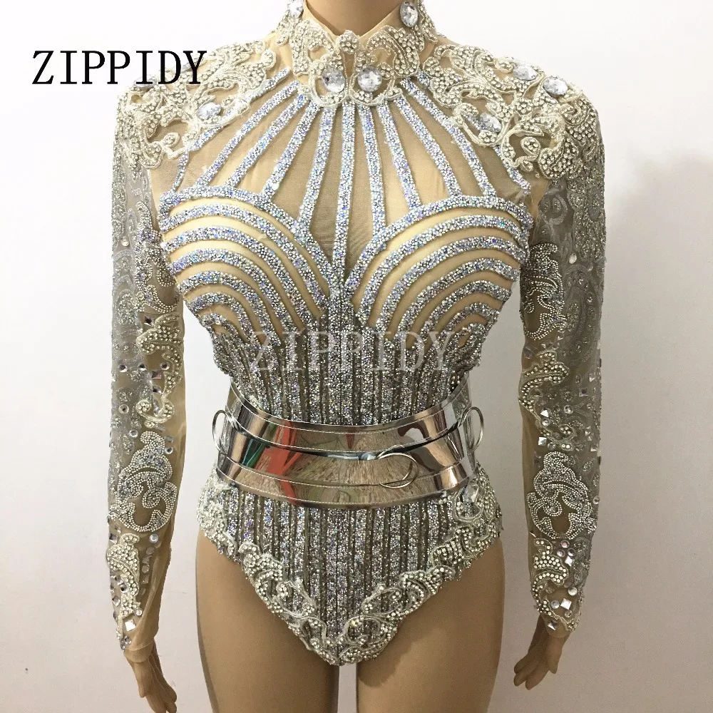 Silver Glisten Rhinestones Leotard long Sleeves Belt Outfit Performance Party Celebrate luxurious Costume Bodysuit Clothing