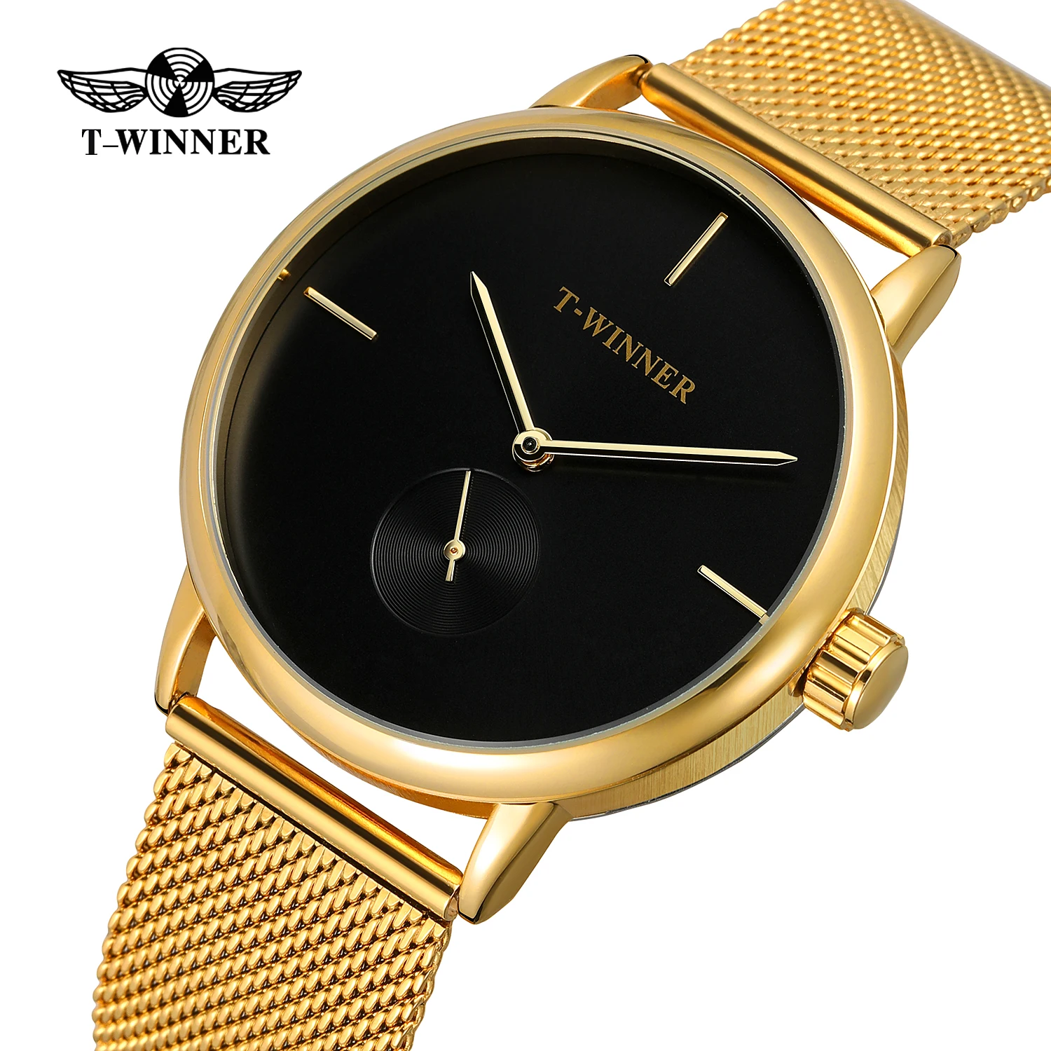 Fashion T-winner Top Brand Men Mechanical Watches Full Stainless Steel Luxury Business Mens Black Case Dress Relogio Masculino