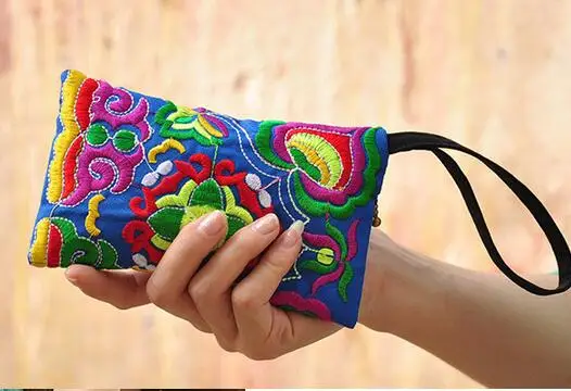 5 pieces National Fashion Ethnic Embroidery Wallet Long Purse Handmade Flowers Double Side Embroidered Clutch Bags