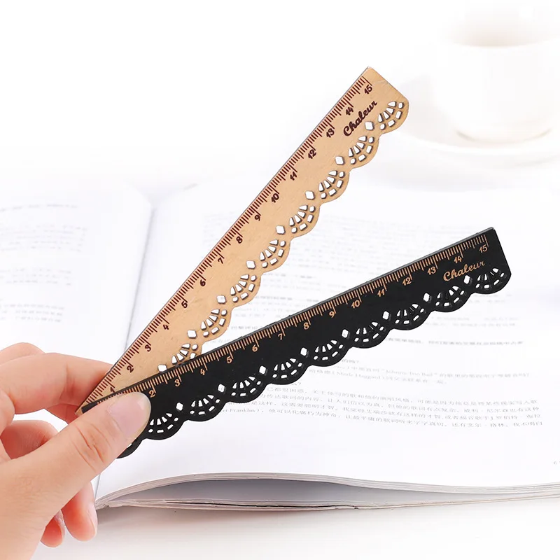 2 Pcs Vintage Sweet Lace Ruler White and Black 15cm Sculpture Wood Drawing Ruler for Kids School Supplies Stationery Student