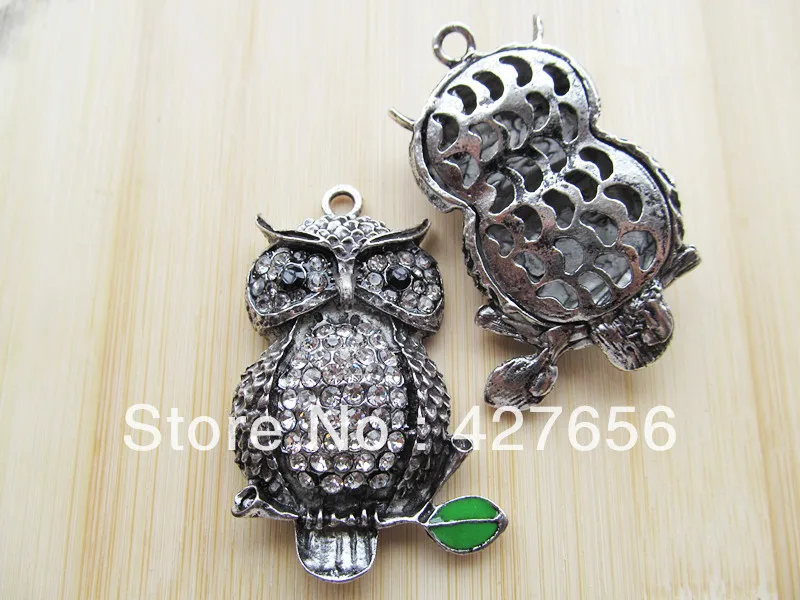 1pcs large antique silver tone night owl pendant/haning charm/finding with 68pcs white rhinestone B0002