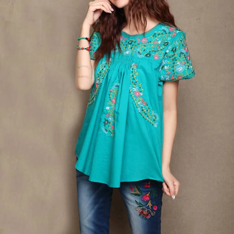 Women Vintage Hippie Oaxacan Mexican BOHO Blouse Floral Embroidered Ethnic Tunic COTTON Retro Tops Blouses Shirts Femme Blusas