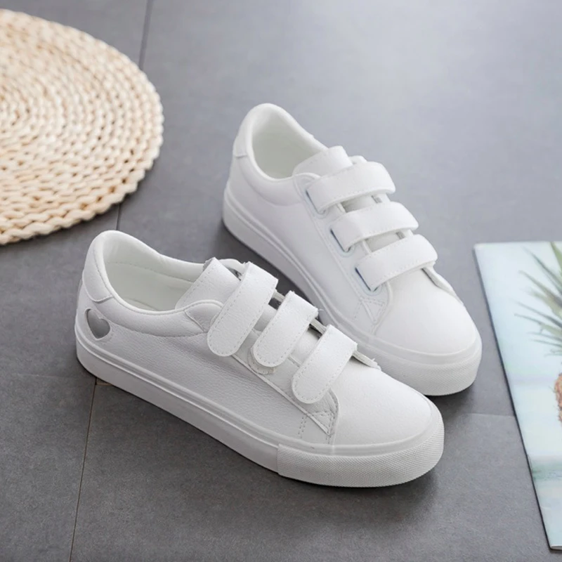 

Women Casual Shoes 2019 Fashion PU Leather Flats Platform Spring Summer Women Sneakers Hook&Loop Breathable White Women Shoes