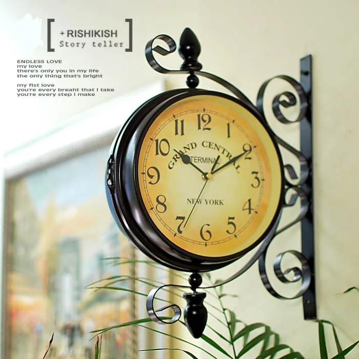 Antique Replica Iron Double Face Wall Hanging Clock Decor Metal Craft Embellishment Accessories for Home, Pub and Art Collection