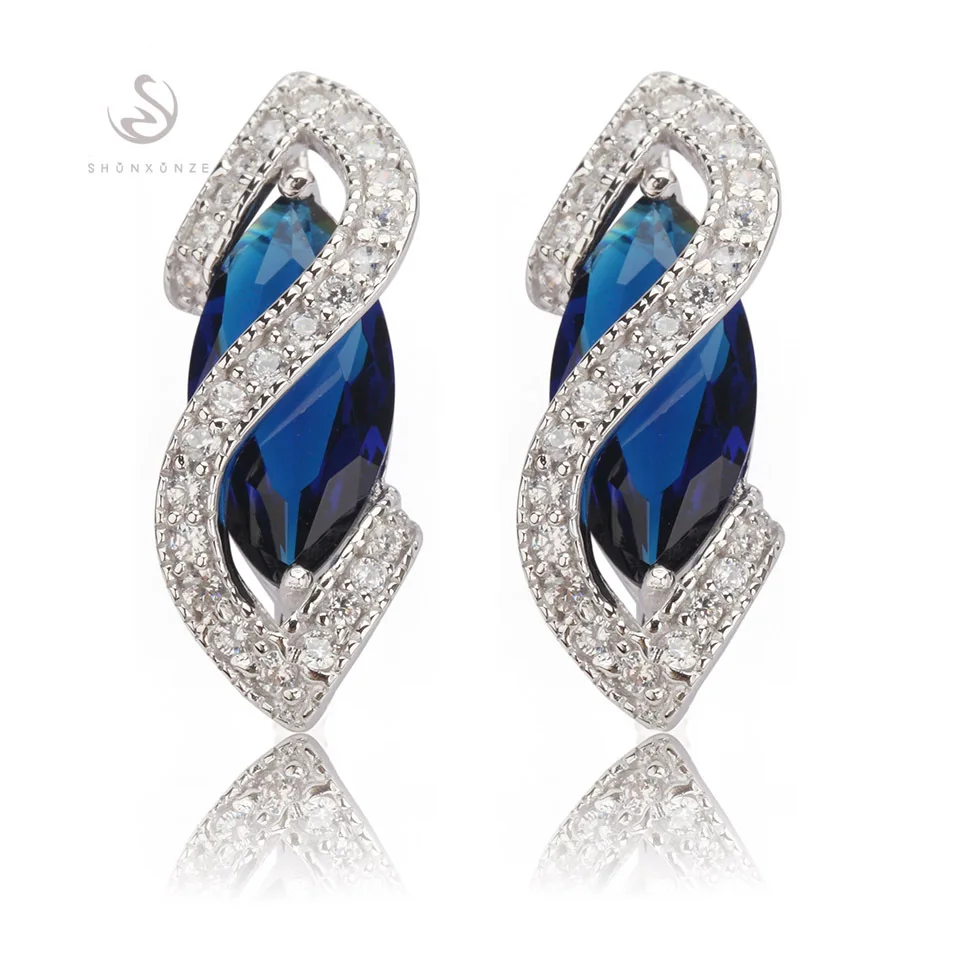 SHUNXUNZE Jewelry Christmas Stud Earrings For Women Men Gift Sex Online Shopping Vintage Blue Cubic Zirconia Rhodium Plated R849