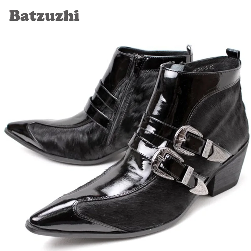 

Batzuzhi 6.5cm Heels Fashion Men's Boots Pointed Toe Man's Leather Boots Business Cool Motocycle Botas Party , Size EU38-46