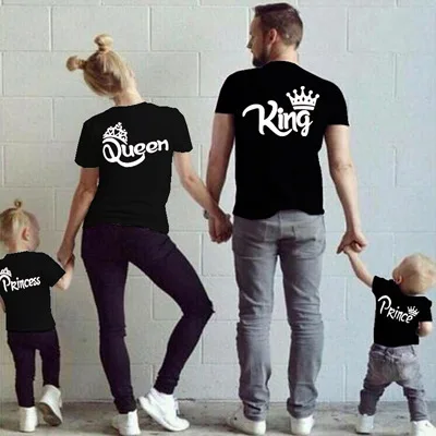 2024 Summer Matching Family Clothes Casual Solid Short Sleeve Cotton T-shirt King Queen Couples T shirt Crown Printed Funny Tops