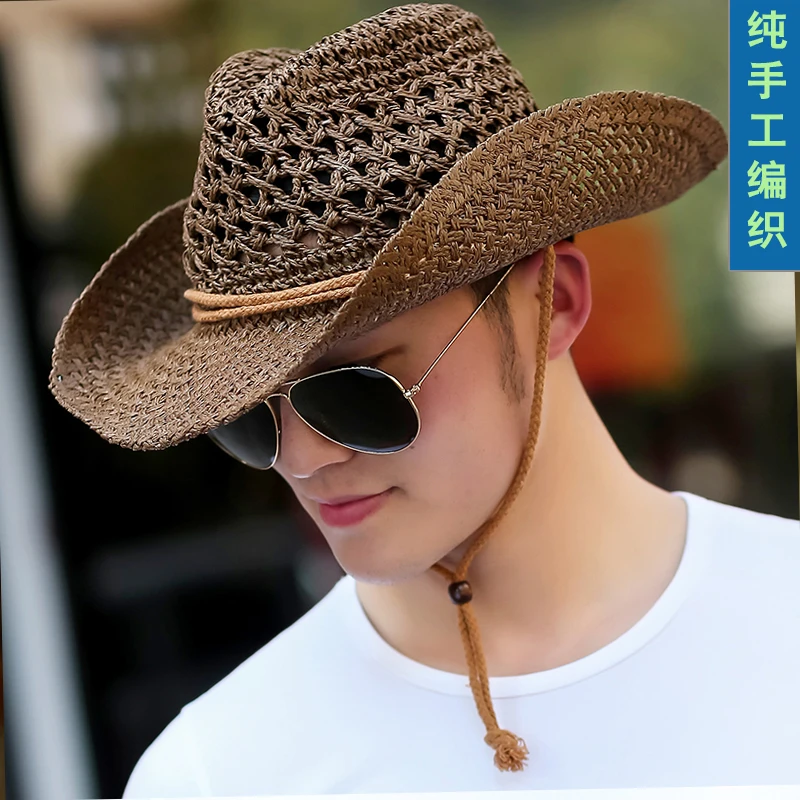 

Male Summer Sun Hat Adult Outdoor Fishing Cowboy Straw Hat Men's Shading Sunscreen Cap Seaside Beach Travel Cap B-8275