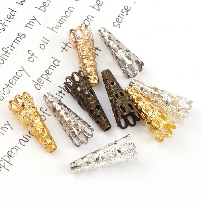 9x23mm Vintage Filigree Metal Horn Hollow Flower Spacer Beads End Caps Pendant DIY Charms Connectors Jewelry Findings