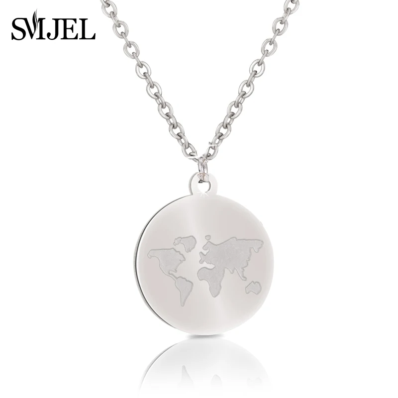 SMJEL Layer World Map Necklaces for Women Simple Round World Coin Charms Necklace Wonderlust Handmade Jewelry Gift