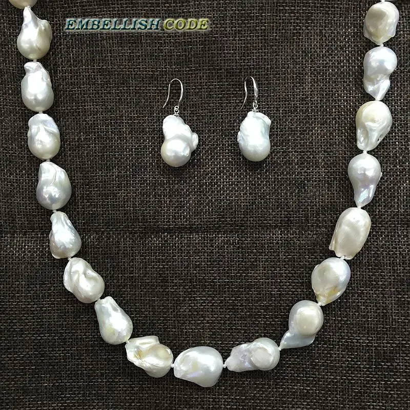 necklace hook earrings set baroque style large size white color nucleated flameball pear shape pearl charming