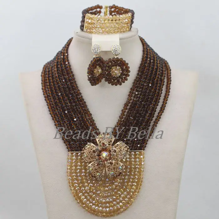 Hot Sale Nigerian Wedding Beads Necklace Brown Gold African Fashion Jewelry Set Crystal Beads Jewellery Set Free Shipping ABF701