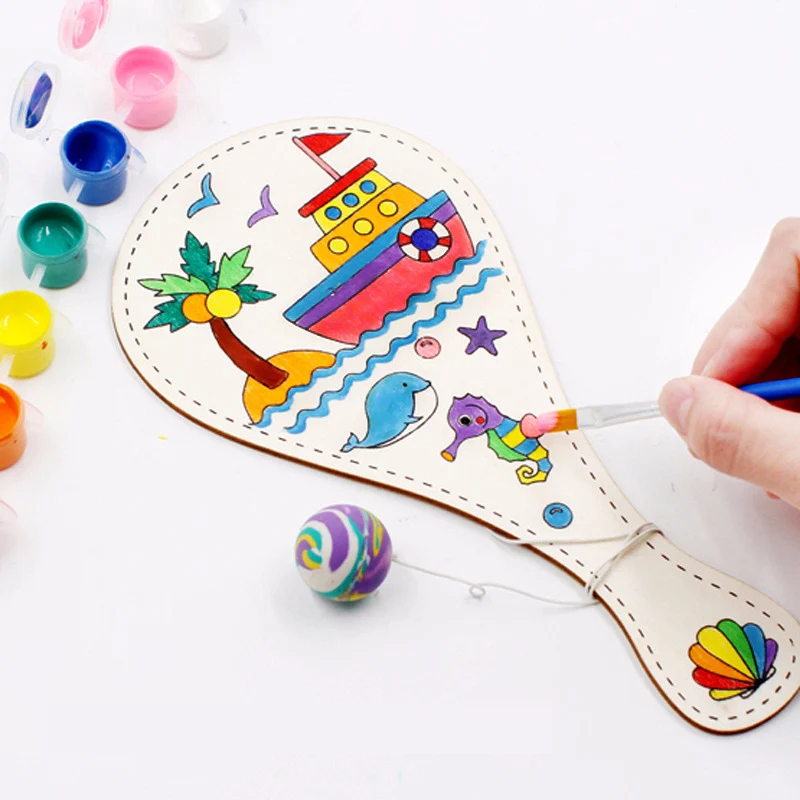 Random style white blank wooden racket with ball DIY craft toy cartoon drawing graffiti Kindergarten kids hand-made toys