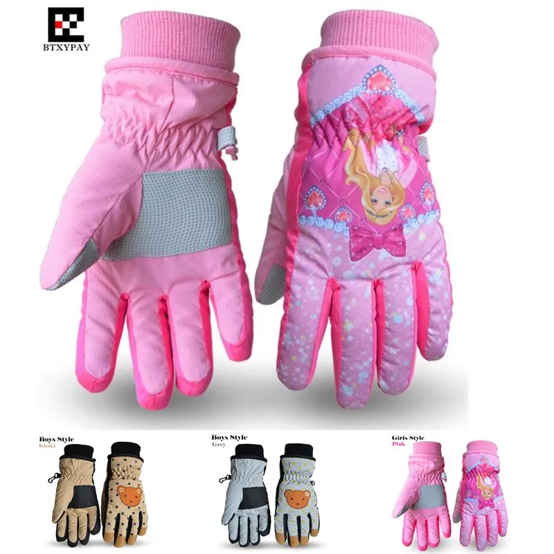 Children Ski Gloves,Winter Plus Velvet Warm Kids Boys&Girls Cartoon Bear Cute Princess Waterproof Windproof Gloves,for 5-12 age