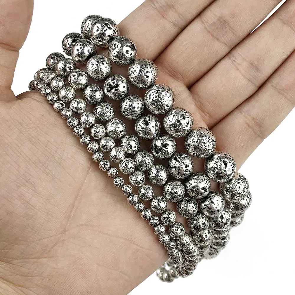 JHNBY Bronze Gold Plated Silver Color Natural Lava Stone Hematit 4/6/8/10/12MM Round Loose beads for Jewelry bracelet making DIY