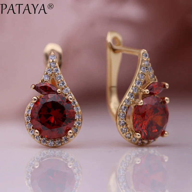 PATAYA New Women Fine Noble Horse Eye Dangle Earrings 585 Rose Gold Color Round Blue Natural Zircon Wedding Cute Fashion Jewelry