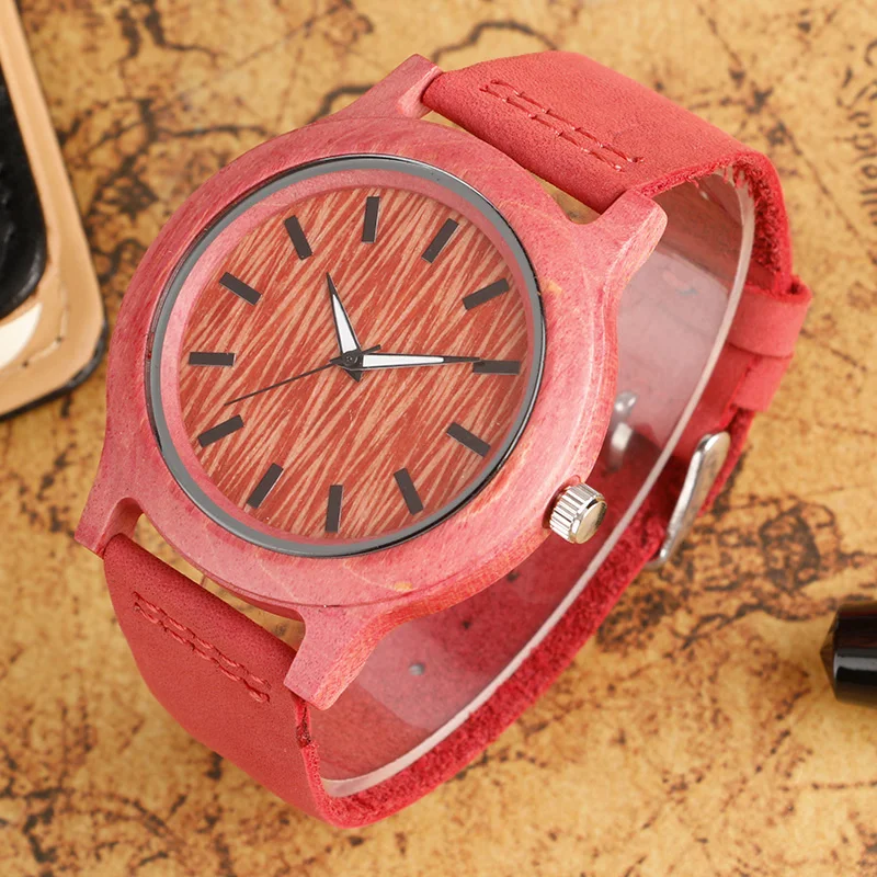 Fashion Women Wooden Watch Analog Bamboo Nature Wood Quartz Wrist Watch Minimalist Female Gift Cool Pink Genuine Leather Strap