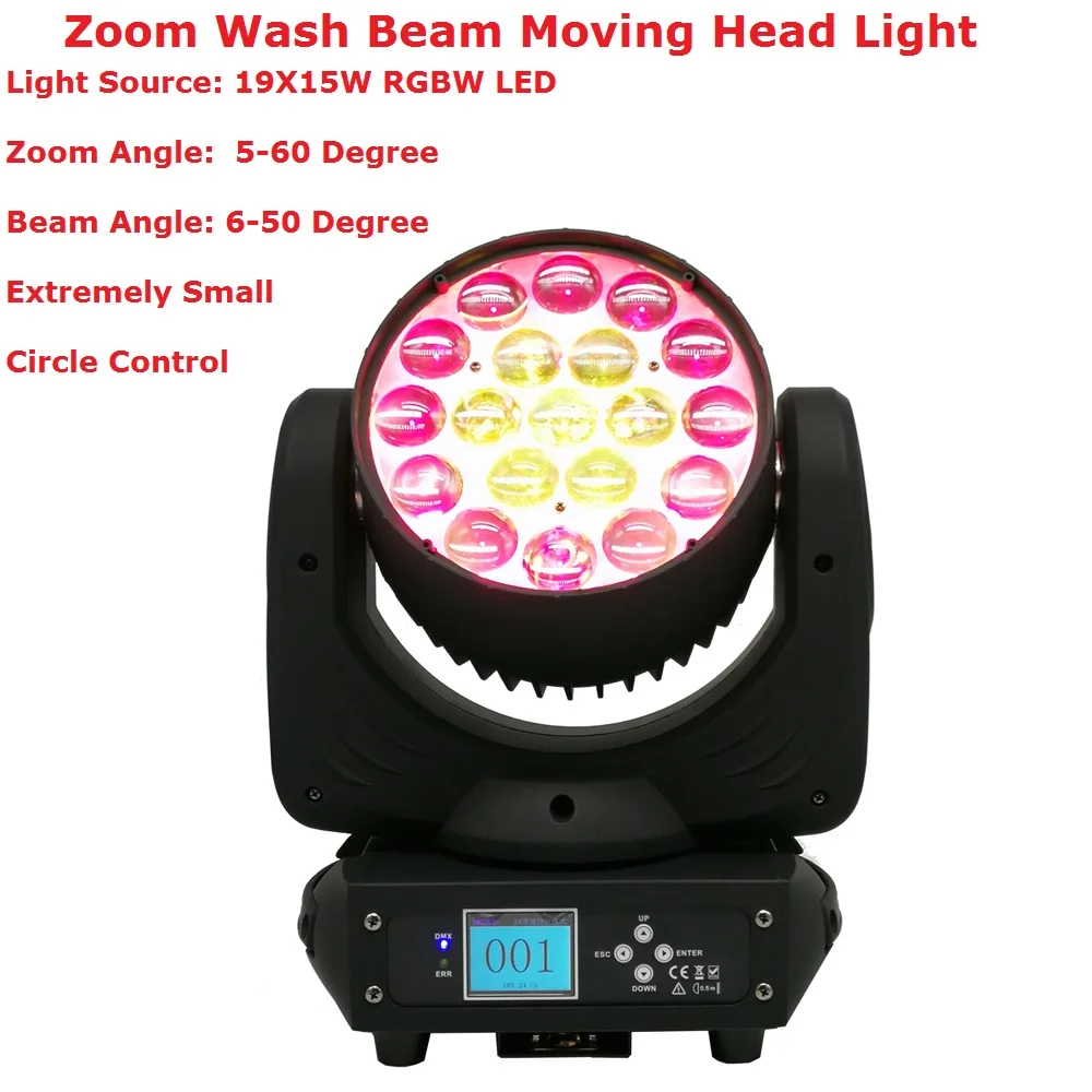 

Beam Wash Zoom Moving Lights 19X15W RGBW 4IN1 LED Moving Head Stage Lights Circle Control For Professional Stage Lighting Shows