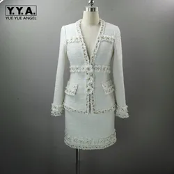 Luxury Elegant Lady White Flower Patchwork Tweed Jacket Wrap Skirt Two Piece Set Women Outfits Pearls Beading V Neck Office Suit