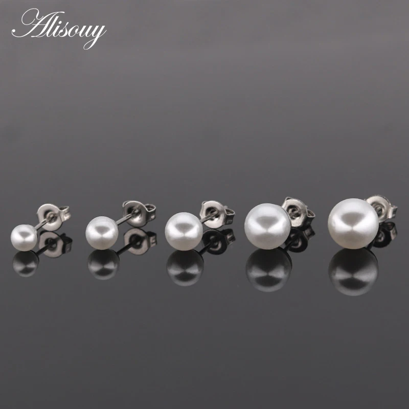 Alisouy 2PcสแตนเลสSimulaterdเงินไข่มุกEar Studต่างหูแฟชั่นเครื่องประดับสำหรับผู้หญิงต่างหูเครื่องประดับเจาะ