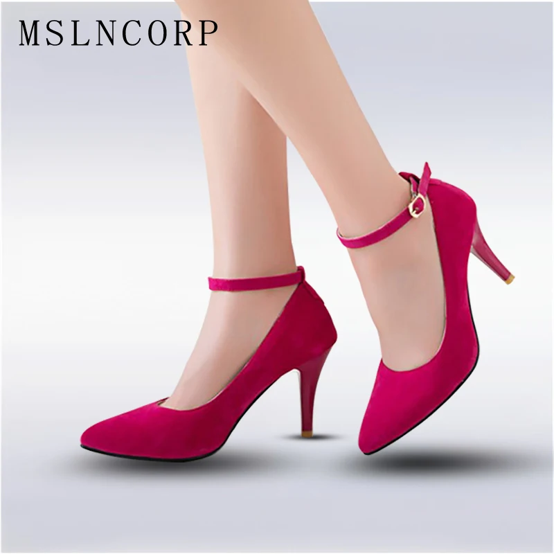 

size 34-47 Fashion Sexy High Heels Shoes Women Dress Pumps Party Wedding Shoes Ankle strap Stiletto Sharp toe Shallow Zapatos