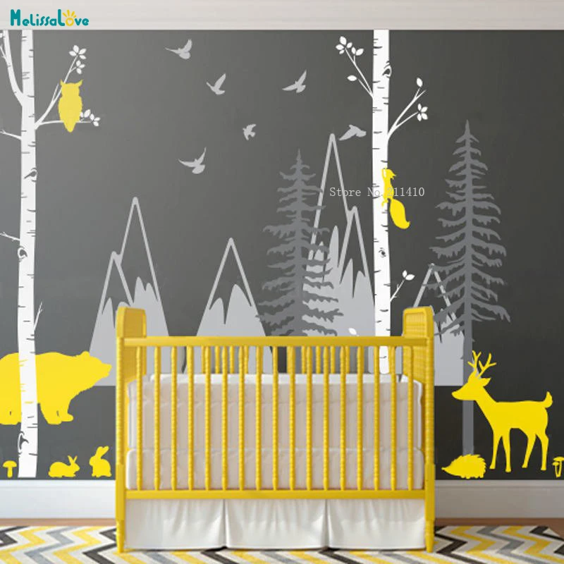 257cm tall Woodland Mountain Decal Home Decor For Kids Baby Room Animals Wall Sticker Birch Tree Custom Nursery Bear Art MB055