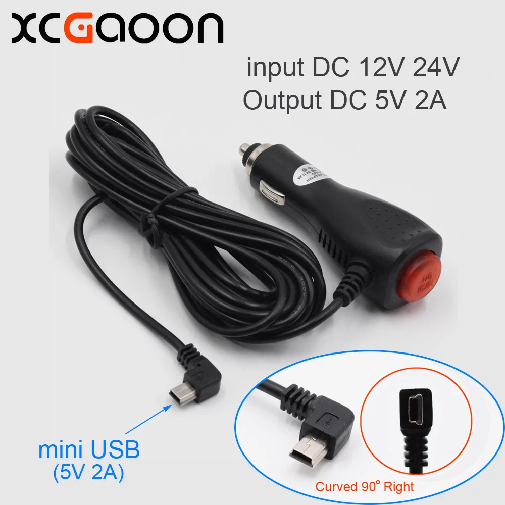 

XCGaoon 5V 2A Curved mini USB Car Charger with Switch for Car DVR Camera / GPS / Pad input DC 12V-24V Cable Length 3.5m 11.48ft