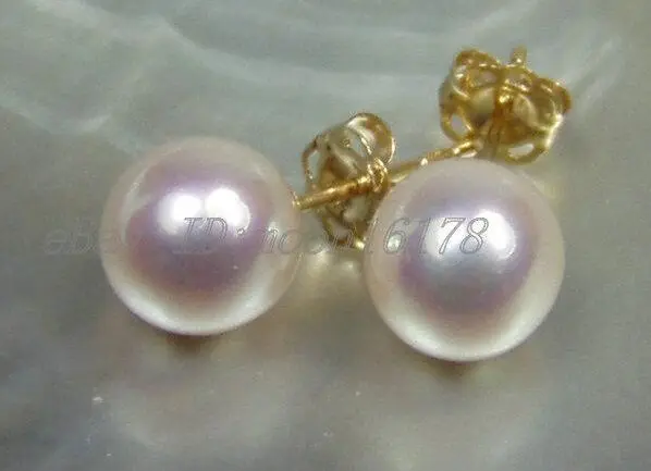 

free shipping White 7-8mm AAA+++ Perfectly Round Akoya Pearl Stud Earring 14k/20 Yellow Gold