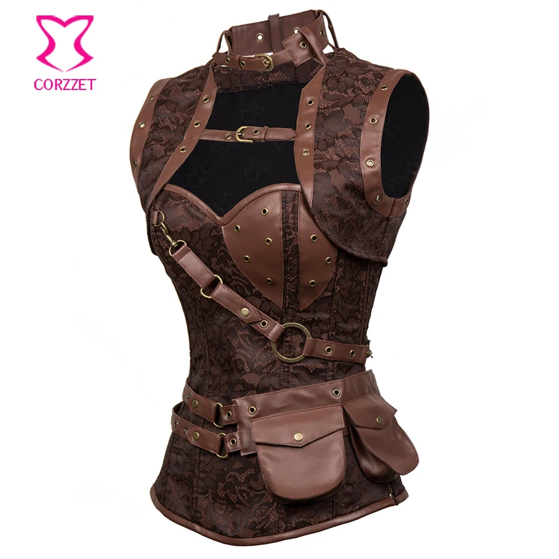 Vintage Brown Brocade Sexy Gothic Corsets And Bustiers Steampunk Clothing Women Plus Size Corset Waist Trainer Steel Bone S-6XL