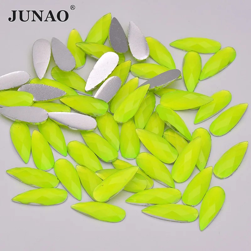 JUNAO 8*22mm 100szt Neon Green Teardrop Decoration Rhinestone Flatback Crystal Applique Non Hotfix Strass Stones For DIY Crafts
