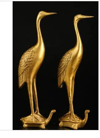 collecting OLD copper Elaborate Old crafts Brass A only Exquisite Chinese Classical Golden Crane Bird Standing on Turtle Statues