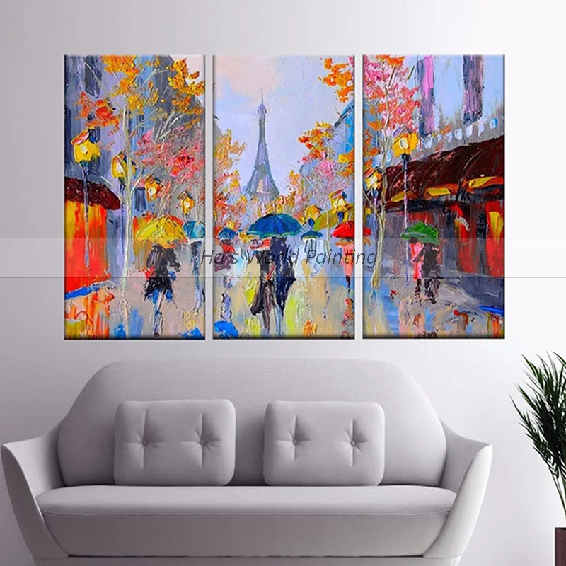 

aritist 3 Panel high quality 100% Hand Painted street Oil Paintings wall art picture Artwork For Living Room hotel decoration