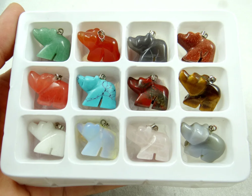 

Wholesale 12PC/lot Natural Stone Pendants Mixed stone Gem Bear Pendant necklace Beads