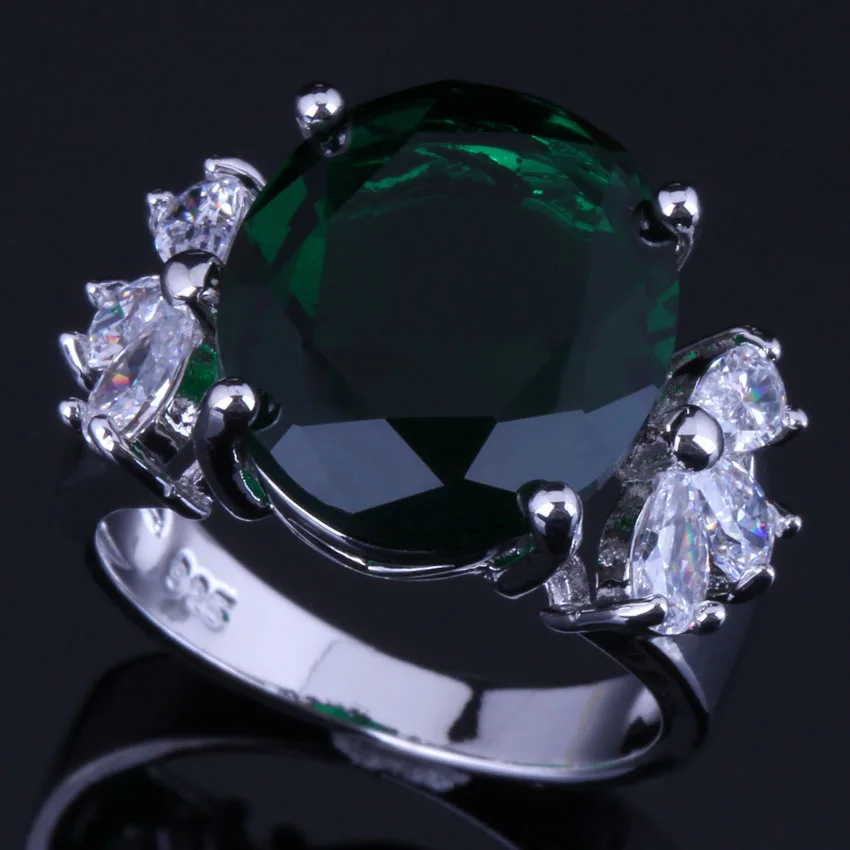 

Silky Oval Green Cubic Zirconia White CZ 925 Sterling Silver Ring V0609