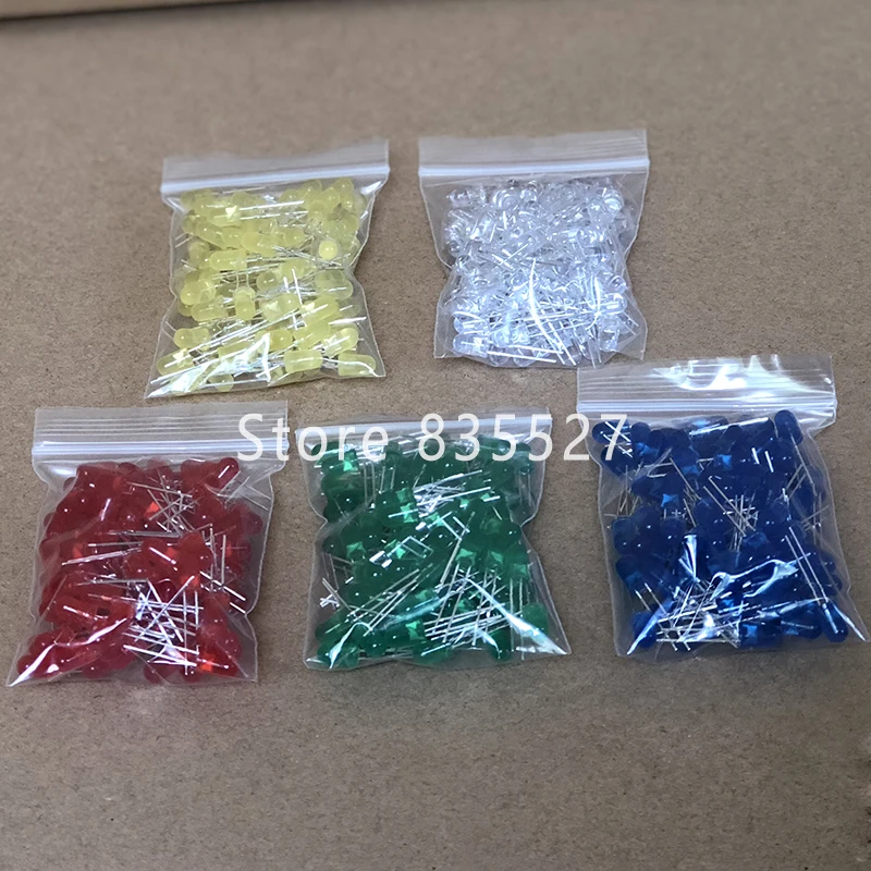 500pcs/lot F5 5MM in the Sets Kit Mixed 5 Color : White / Emerald Green / Red / Blue / Yellow LED light emitting diode turn DIP