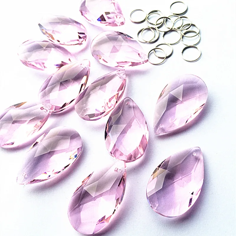 Top Quality 50pcs/lot 38*21mm Pink Angel\'s Tears Faceted Crystal Chandelier Prisms Glass DIY Suncatcher Accessories(+Free rings)