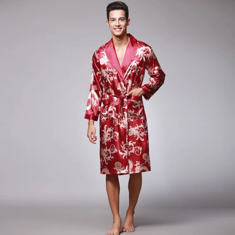 SSH0127 Spring Autumn Men's Bathrobes Printed Male Pajamas Full Sleeves Nightwear Sleepwear Satin Silk Robe Pyjama Belt Men Robe