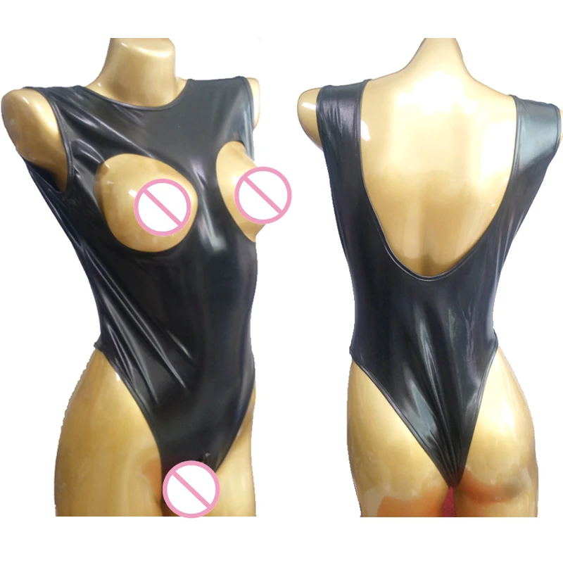 Sexy Backless Hollow Open Crotch Bust Bodysuit Faux Leather High Cut Bodysuit Latex Costumes Erotic Lingerie Leotard F16