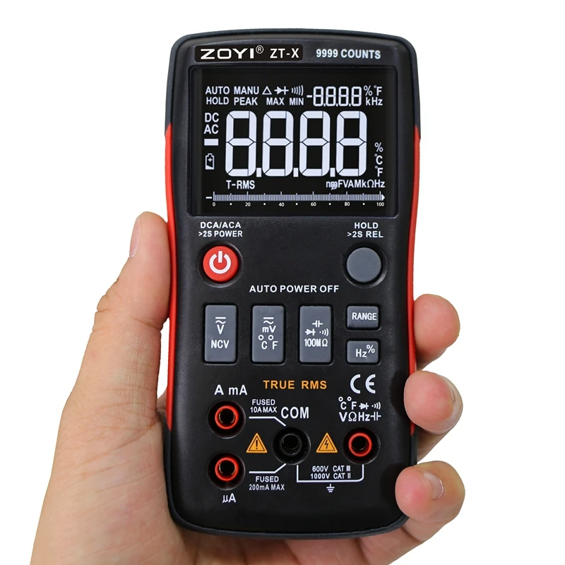 Portable AutoRange Digital Multimeter ZT-X 9999 Counts LCD Display AC DC Voltmeter True RMS NCV Diode Capacitor Ohm Data Hold