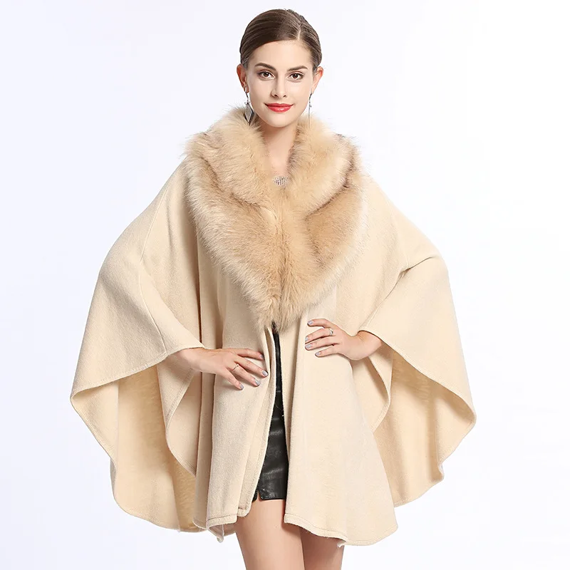 

New Autumn And Winter imitation fox fur large fur collar loose large size knitted shawl cloak sweater