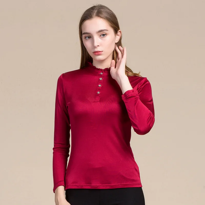 Women Real Silk Shirts Knitted Full Sleeve OL Blouses Large Female Shirts Comfortable Breathable Blouses 8007