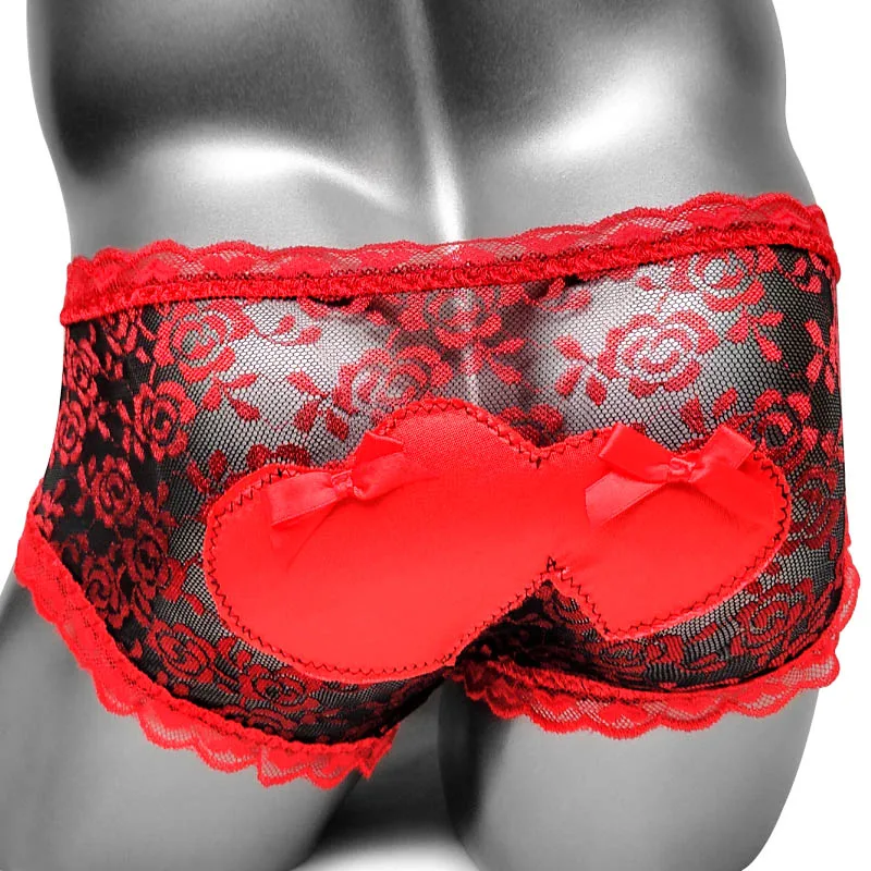 Mesh Wetlook See Through Sissy Men Boxer Panties Sexy Lingerie Underwear Lace Ruffles Heart Back High Quality Male Shorts Boxers