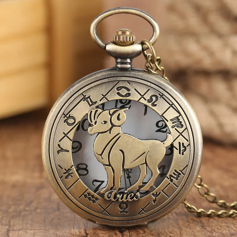 12 Constellation Astrology Zodiac Retro Pocket Watch Bronze Necklace Pendant Mens Women Hollow Flip Cover Quartz Christmas Gifts