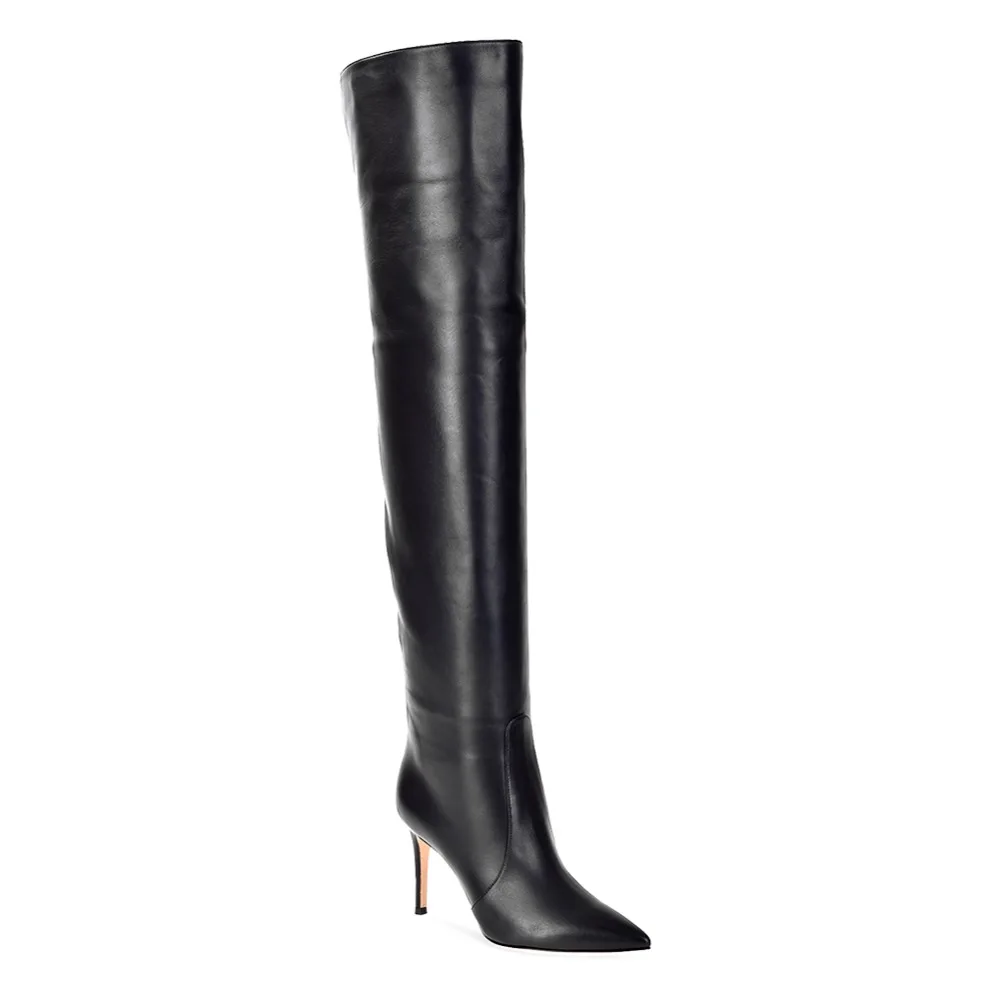 Women Pointy Toe High Heel Over The Knee High Boots Black Tube Shaft Tall Boots Ladies Winter Shoes Slip on Long Botas Plus Size